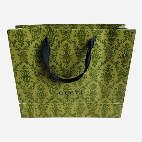 GUCCI Authentic Paper Shopping Gift Bag Tote Green Damask Print 12.5"x4"x9.5" - Picture 1 of 5